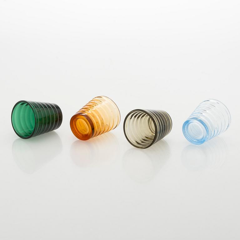 Aino Aalto, drinking glasses and plates, 4 + 4 pcs "Bölgeblick" for Karhula Glassworks, 1930s.