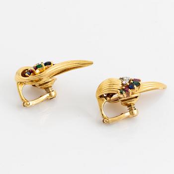 A pair of 18K gold earrings set with round brilliant-cut diamonds and colored stones.