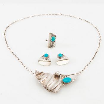 Necklace, ring and earrings of silver with turquoises, Avi Soffer Israel.