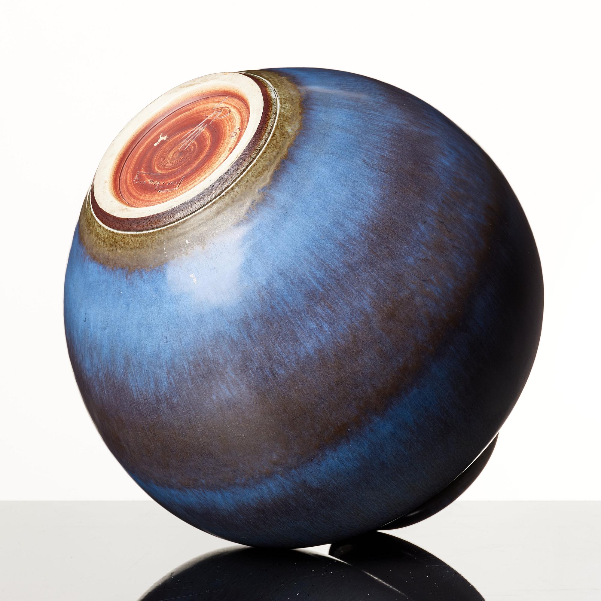 Berndt Friberg, a blue and brown 'rabbit's fur' stoneware vase, Gustavsberg studio, Sweden 1965.