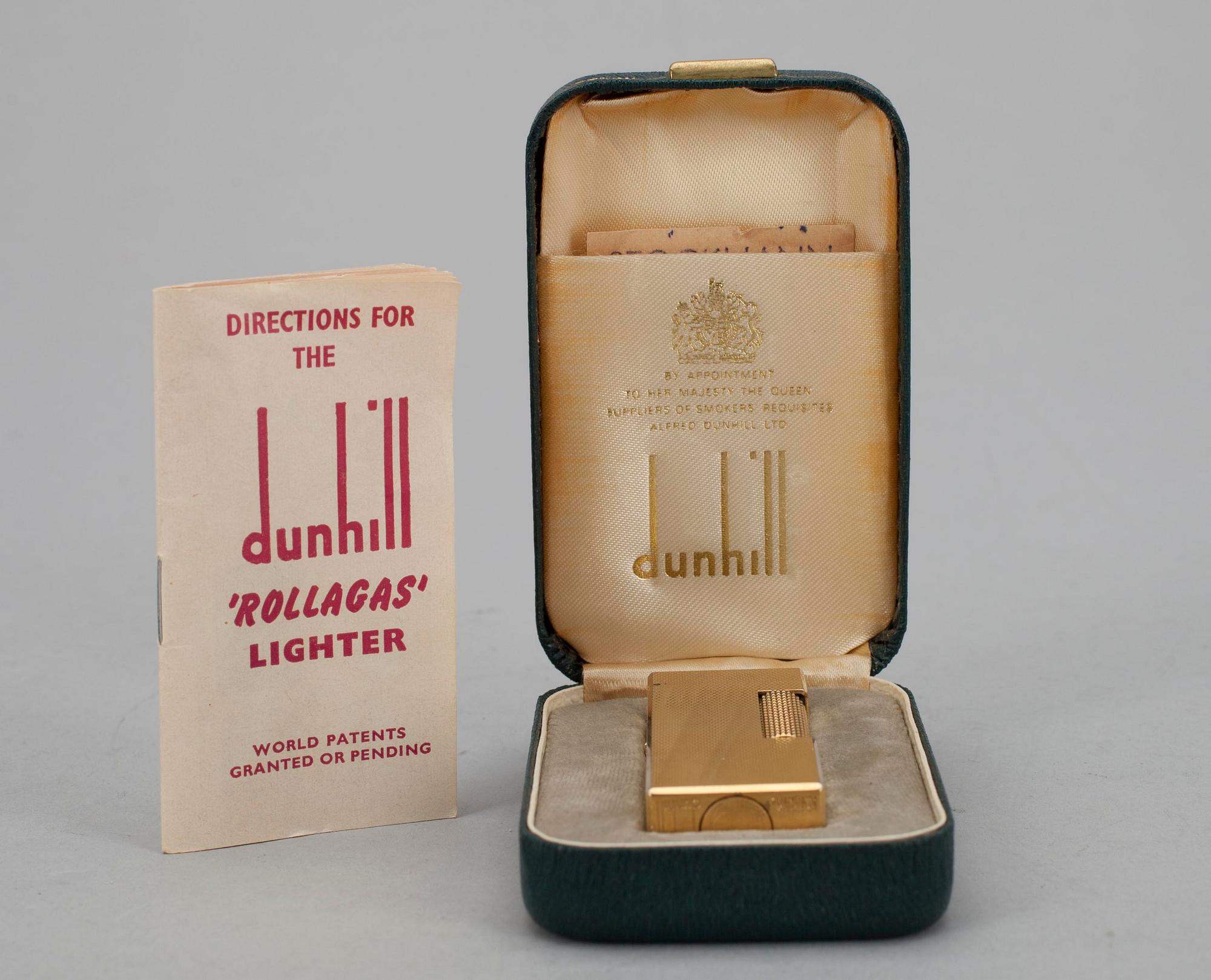 TÄNDARE, Dunhill "Rollagas", gul metall, originaletui, Made in Switzerland, 1970-tal.