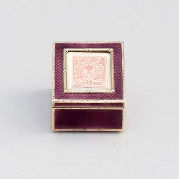 Fabergé, frimärksask, verkmästare Henrik Wigström, guld, silver och emalj, S:t Petersburg 1908-17.