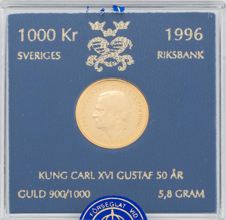 GULDMYNT, två stycken, Jubileumsmynt 1000 kr, 1988 respektive 1996.