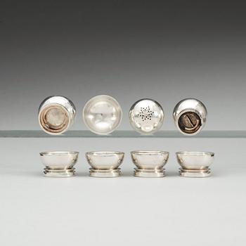 A set of six Harald Nielsen sterling salt cellars and a pair of spice jars, 'Pyramid', Georg Jensen, Copenhagen 1933-44.