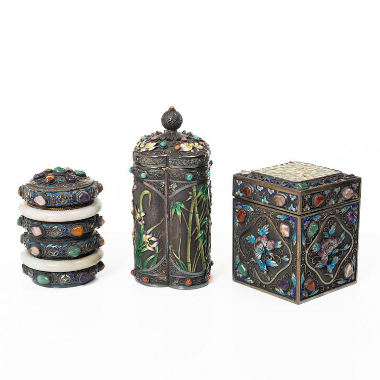 Three enamel and silver boxes, Tibet, first half of the 20th century.