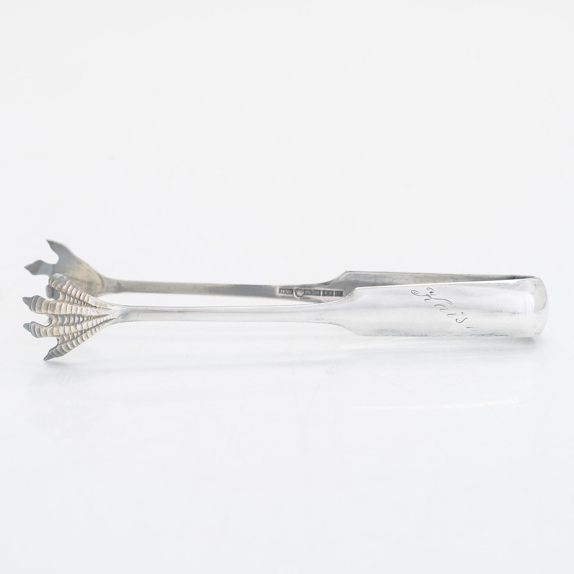 Silver sugar tongs, Herman Wist, Uusikirkko, Carelia 1928, a 3-piece coffee service, a candlestick pair, Finland 1950s.