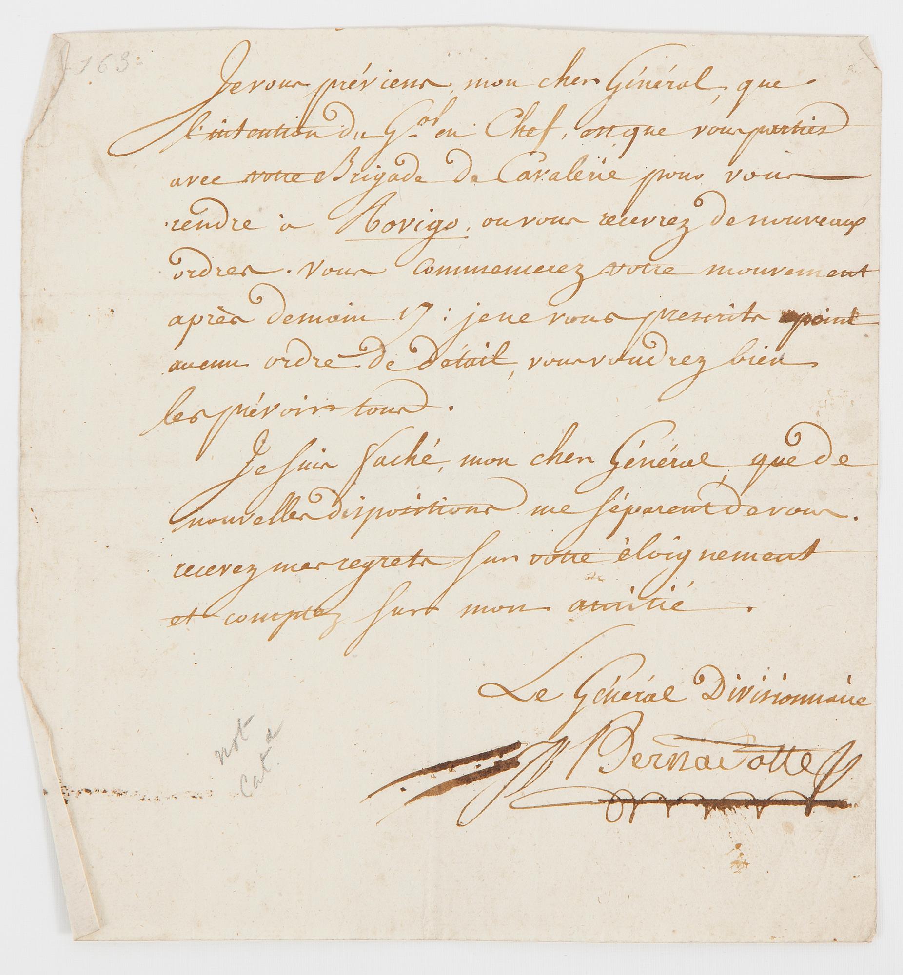JEAN BAPTISTE BERNADOTTE (1763-1844), brev, egenhändigt skrivet och undertecknat J. Bernadotte, Paris.