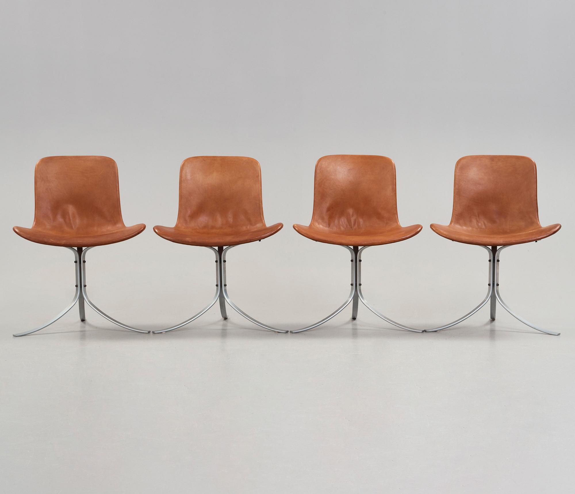 Poul Kjaerholm, a set of four 'PK-9' brown leather and steel chairs, E Kold Christensen, Denmark 1960's.