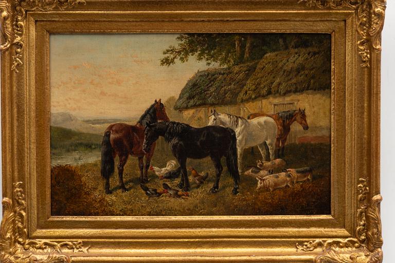Engelsk skola, 1800-tal, Hästar, höns och grisar utanför lada.