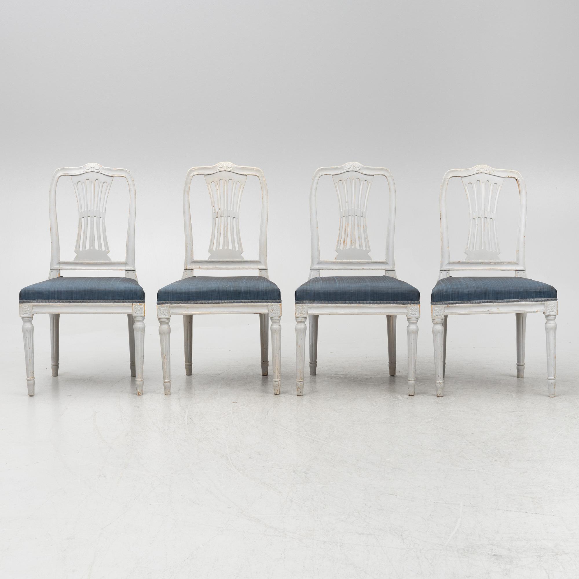 A set of four Gustavian chairs from Lindome, late 18th century.