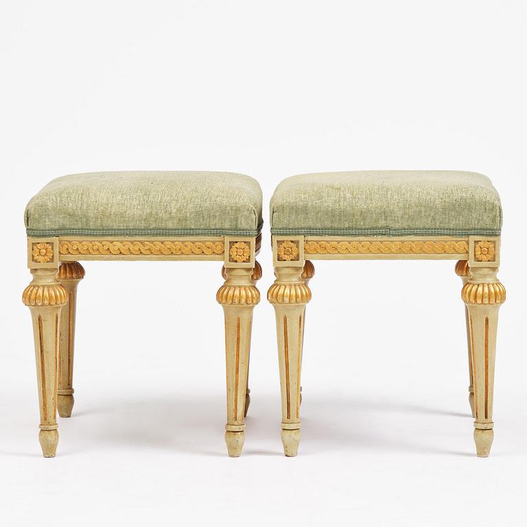 A pair of stools in the manner of Erik Öhrmark (master in Stockholm 1777–1813), Gustavian.