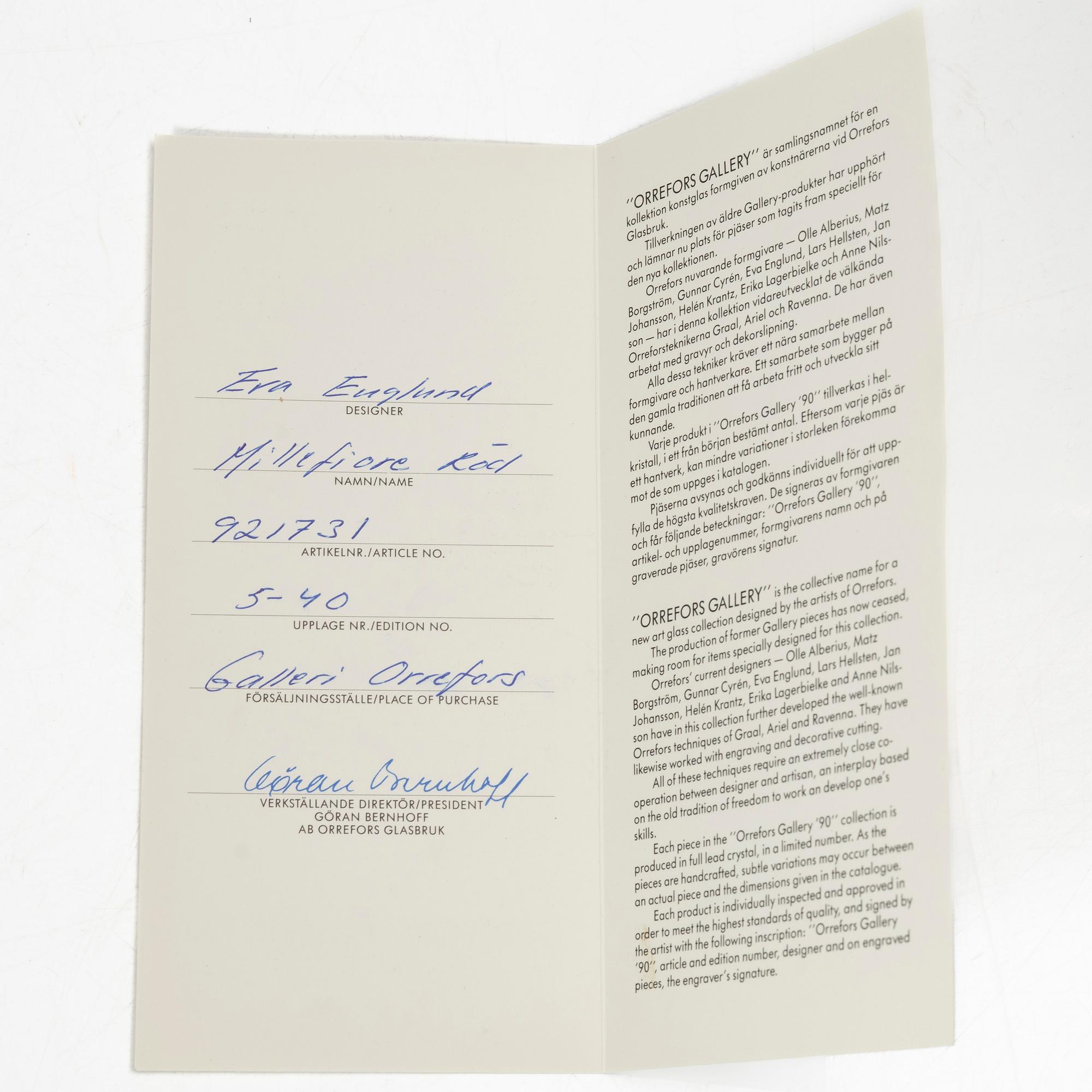 Eva Englund, a 'Millefiore Röd' vase, Orrefors, 1990.