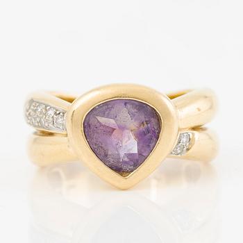Ring och hängsmycke, 18K guld med ametister och åttkantslipade diamanter.