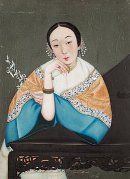 315. An oil painting of a lady holding an orchid, Qing dynasty, 19th Century.