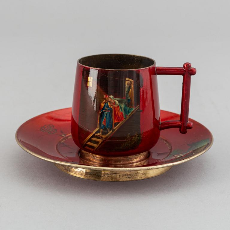 Seven Russian silver and enamle pieces for tea, late 19th-early 20th century.