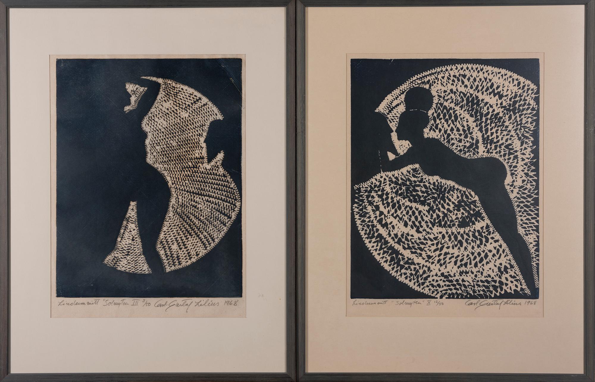 CARL-GUSTAF LILIUS, 2 kpl linoleikkausta, signeerattu, numeroitu 3/50 & 12/50, ja päivätty 1968.