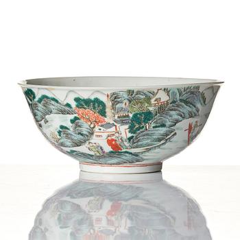 An enamelled landscape bowl, Republic with a Nian Zhi, Da Qing mark in red.