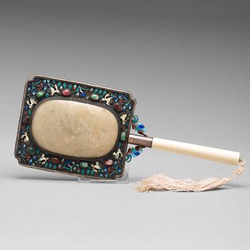 A Chinese enameled silver mirror with a large carved nephrite placque, early 20th Century.