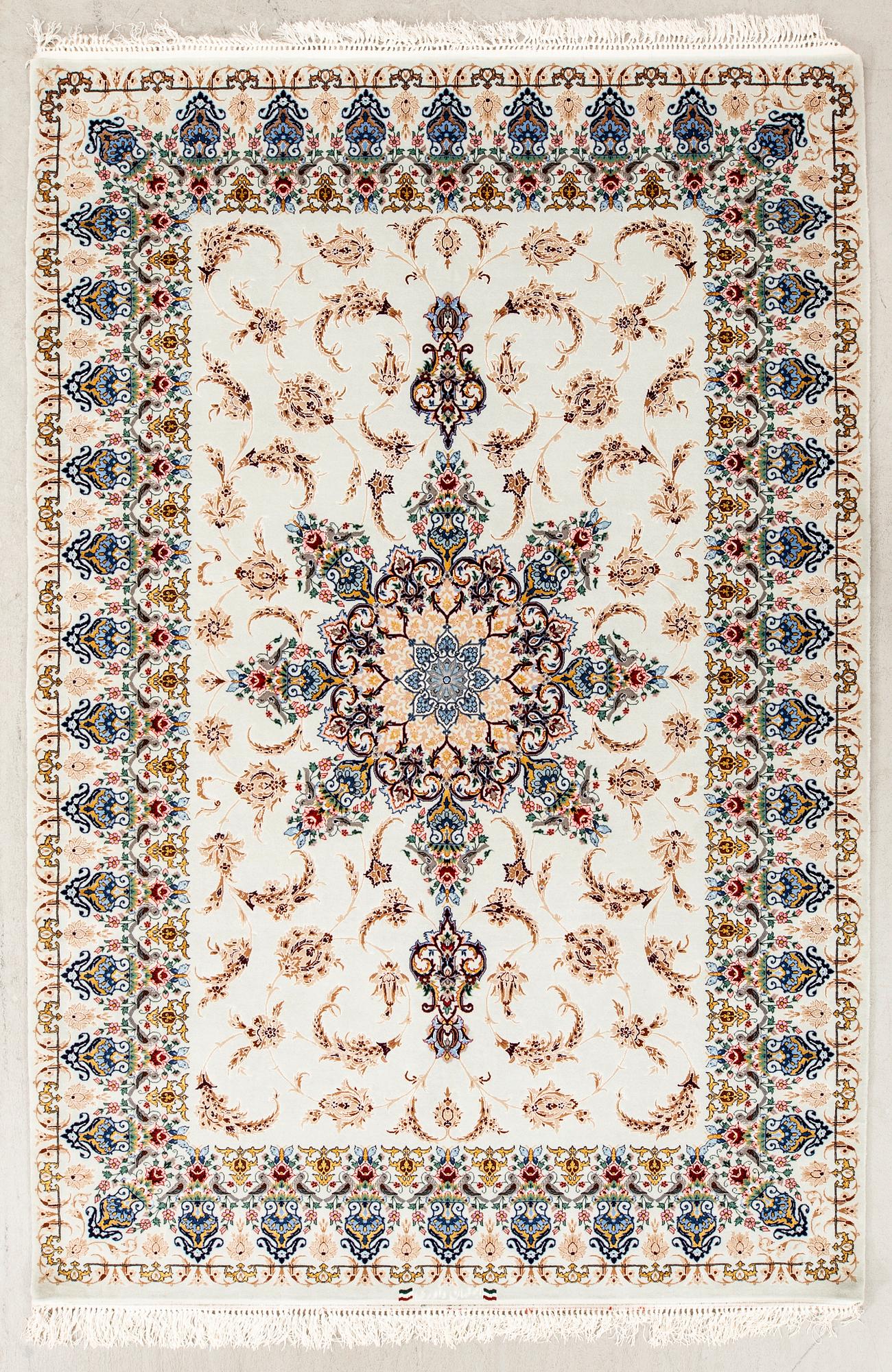 An old isfahan carpet part silk signed approx 222x148 cm.