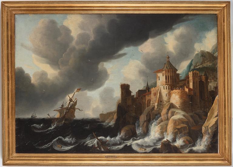 David Ludeking Attributed to, Ships on stormy coastal sea with casle above.