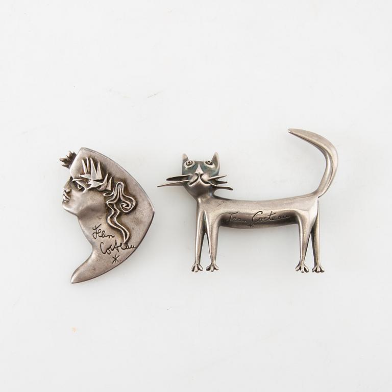 Jean Cocteau, brooches, 2 pcs, "Madeline Flammarion" and "Orpheus", silver.