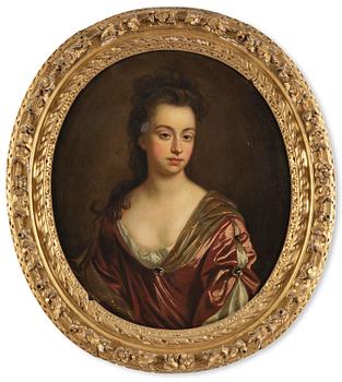 690. Mikael Dahl, attributed to, Young woman in burgundy dress.