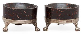 676. A pair of late Gustavian porphyry and silver salts. Silver maker's mark by Adam Tillström, Växjö 1799.