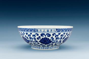 1519. A large blue and white Ming style 'dice' bowl, Qing dynasty, Yongzhengs six character mark in a line and of the period (1723-35).