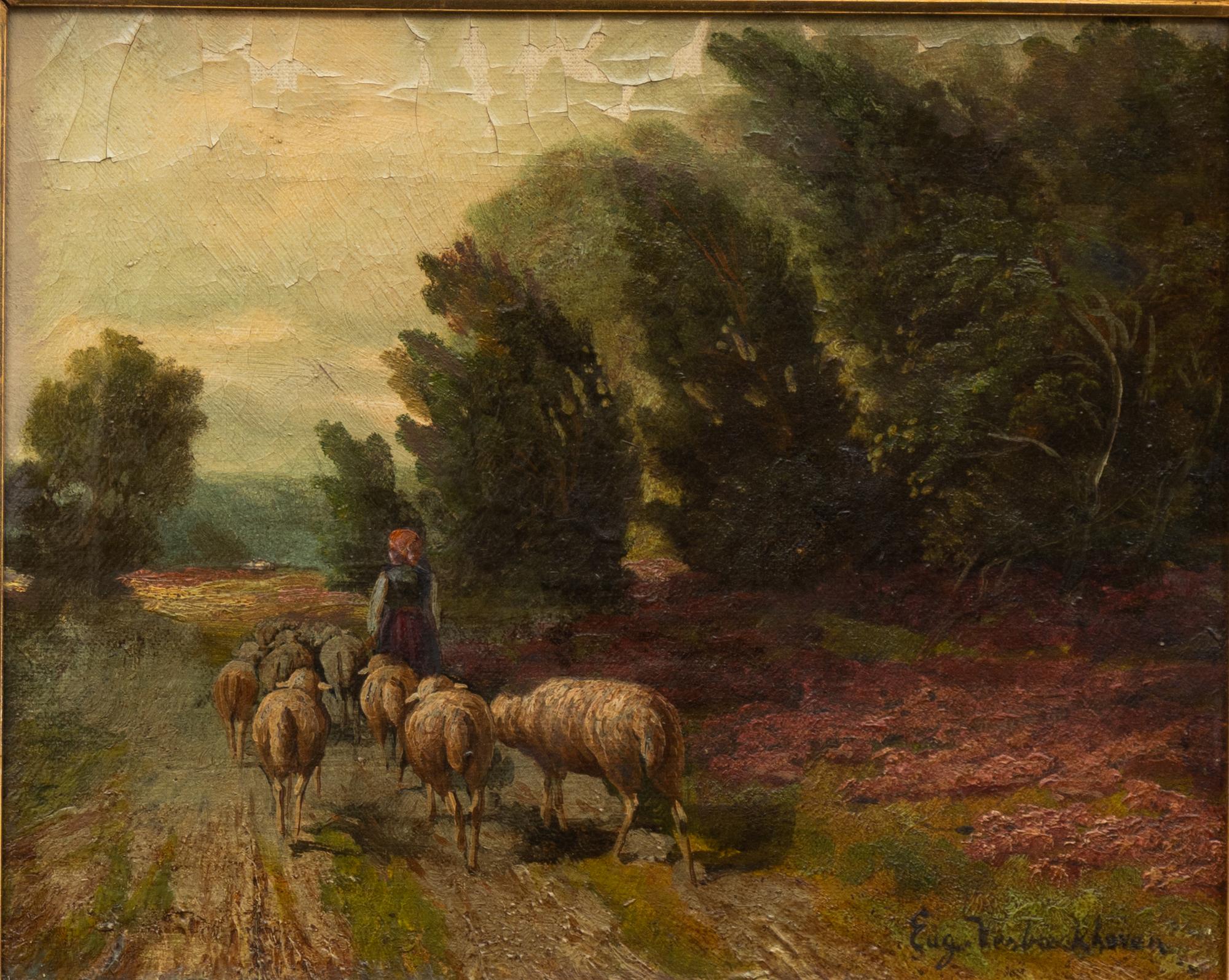 Eugen Joseph Verboeckhoven, his kind, Pastoral landscape with shepherdess and sheep, a pair.