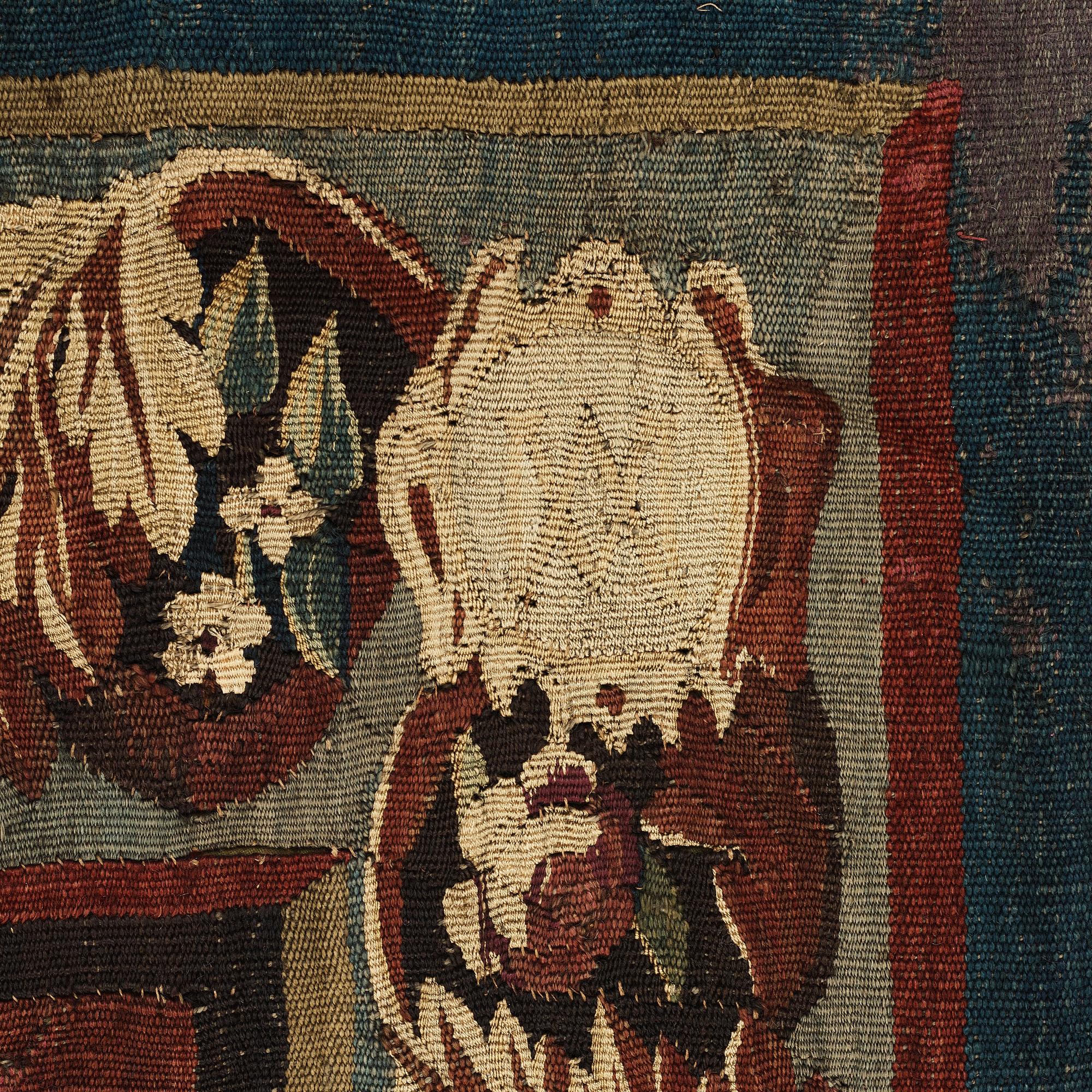 A TAPESTRY, tapestry weave, ca 299,5 x 212,5 cm, signed FOVRUIERES, 
DELANRIEVE.M.R.DABUSSON, Aubusson 17th century.