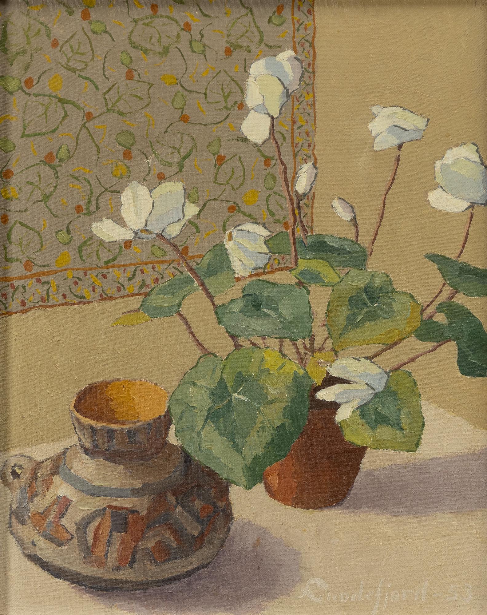 Oscar Luks Lundefjord, Still life with plant and vase.