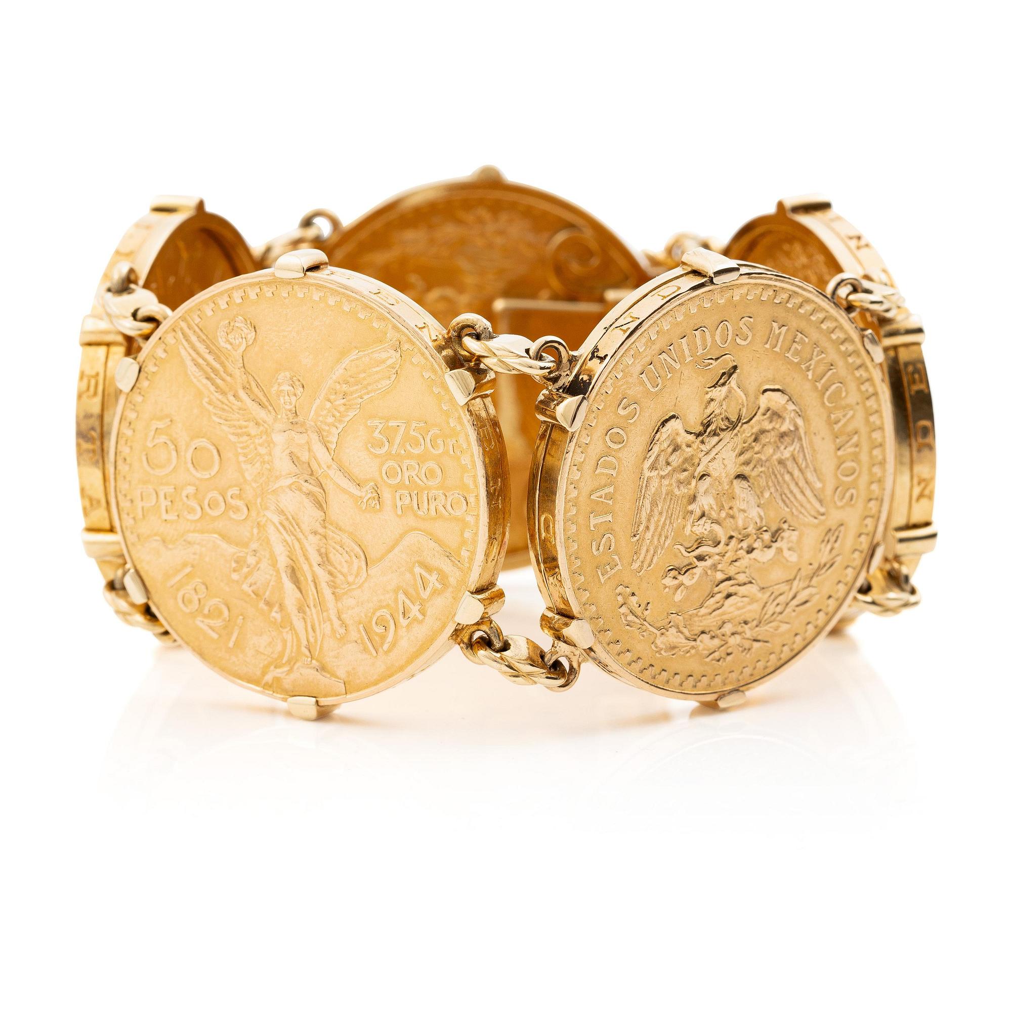 A bracelet gold set with mexican gold coins.