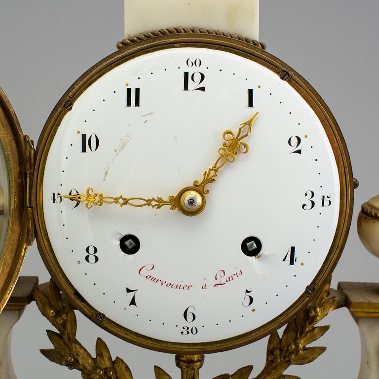 A Louis XVI marble and bronze mantel clock from the second half of the 18th century.