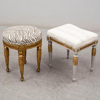 Two stools, late gustavian and late gustavian style, ca 1800 and early 20th century.