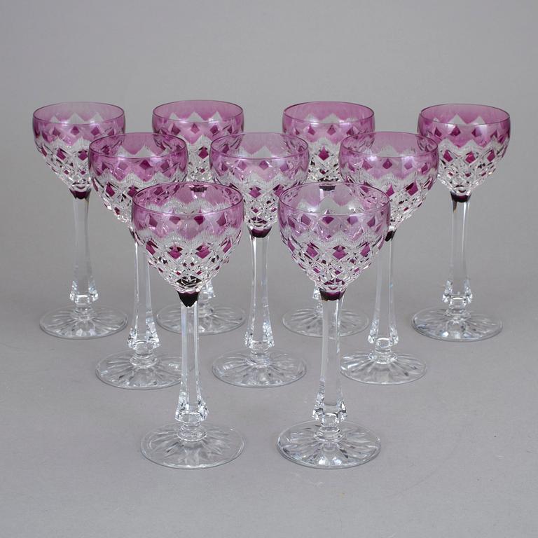 VITVINSGLAS, 9 stycken. Val Saint Lambert, Belgien, 1900-talets andra hälft.