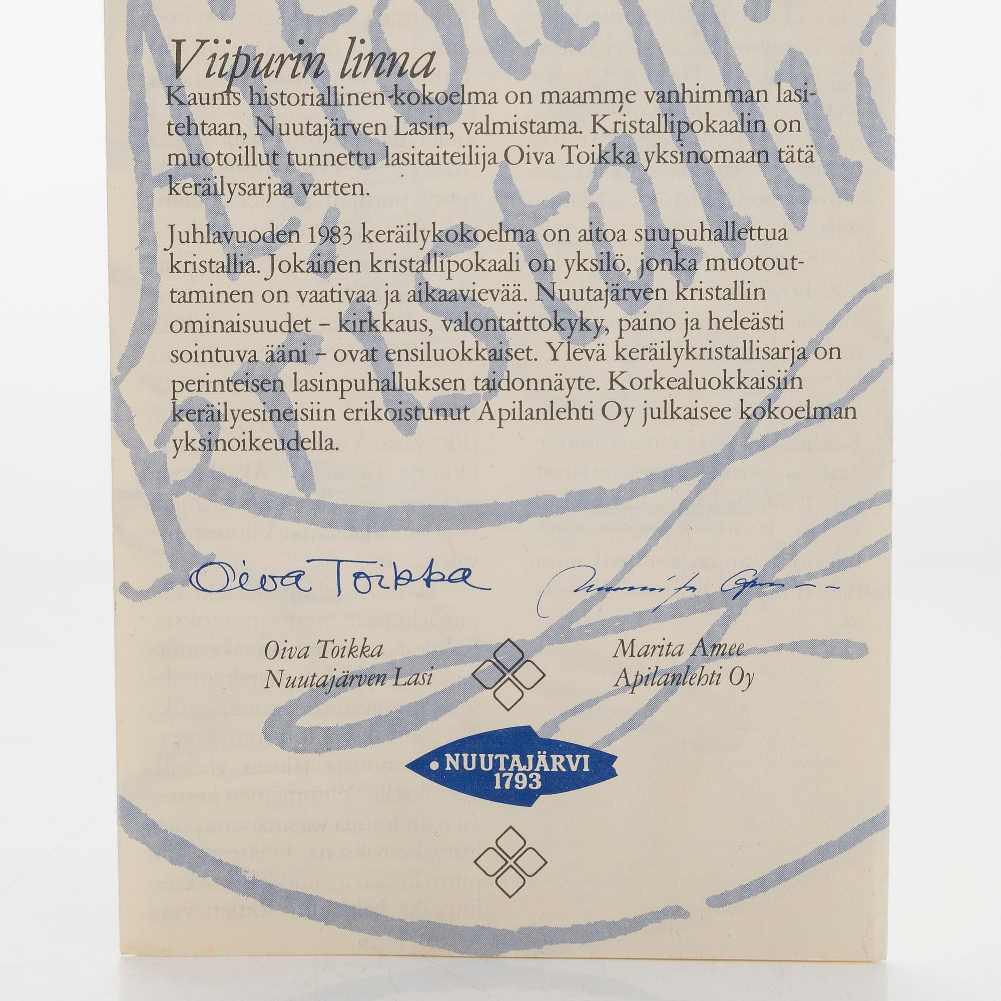 Oiva Toikka, karaff med vinglas, 6 st, "Slott"-serien, Notsjö Nuutajärvi 1983.