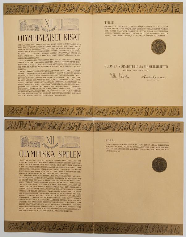 Commemorative medals in a box, 3 pcs, Olympic Games Helsinki 1940, Hopeatehdas Oy.