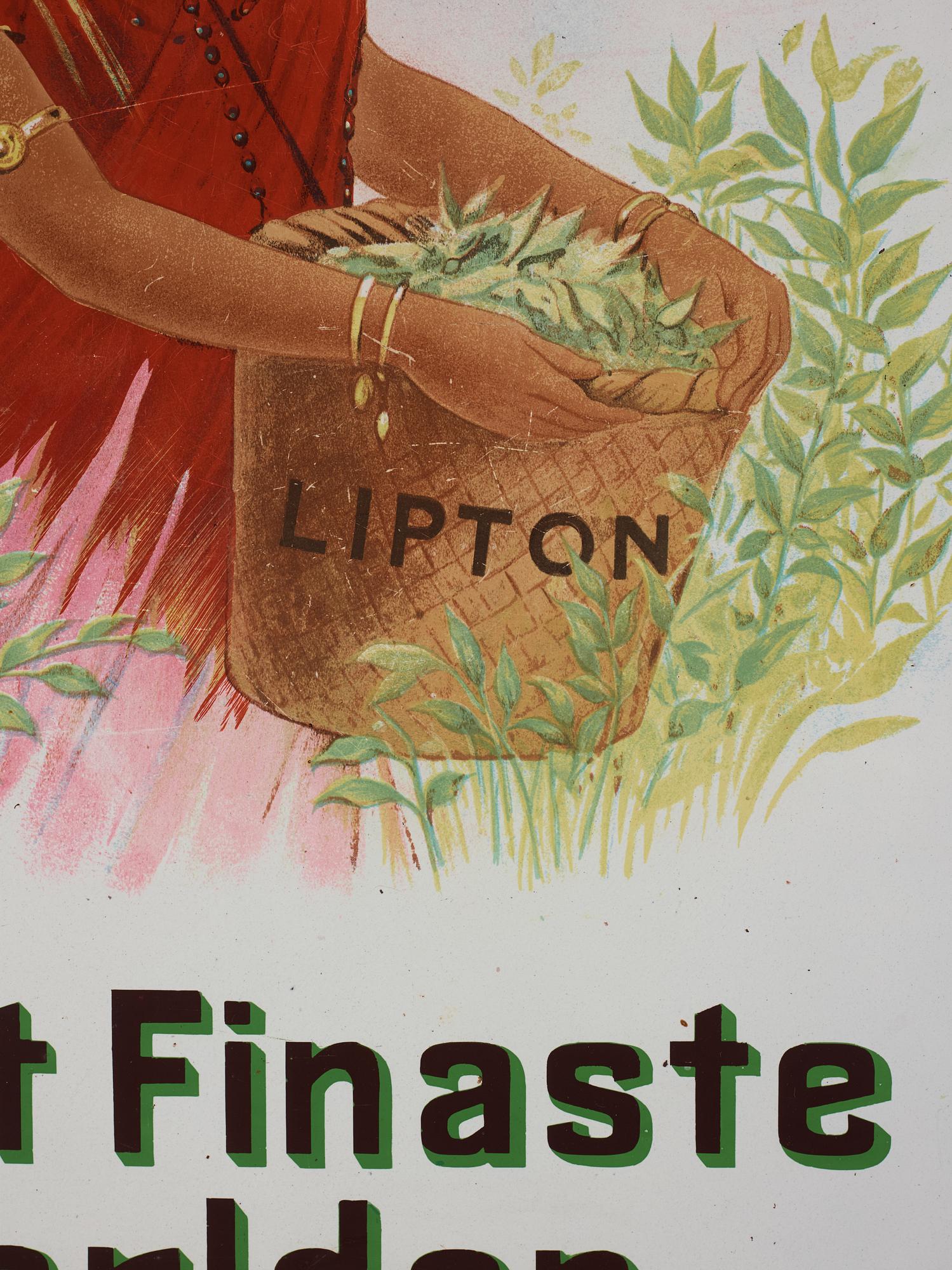 Skylt, emalj, "Lipton's te àr det Finaste i Werlden", Chromo Wolverhampton, England, tidigt 1900-tal.