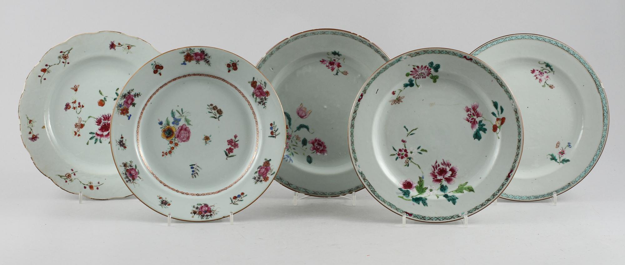 TALLRIKAR, 5 st, porslin, Kina, 1700-tal.