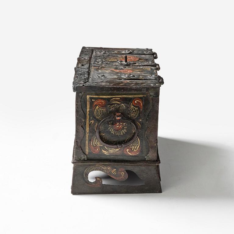 A South German presumably Nuremberg polychrome-painted wrought baroque iron casket, 17th century.
