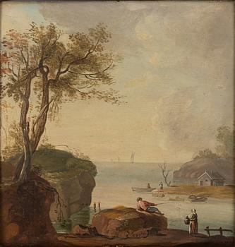 Unknown artist, circa 1800, Coastal landscape with figures, a pair.