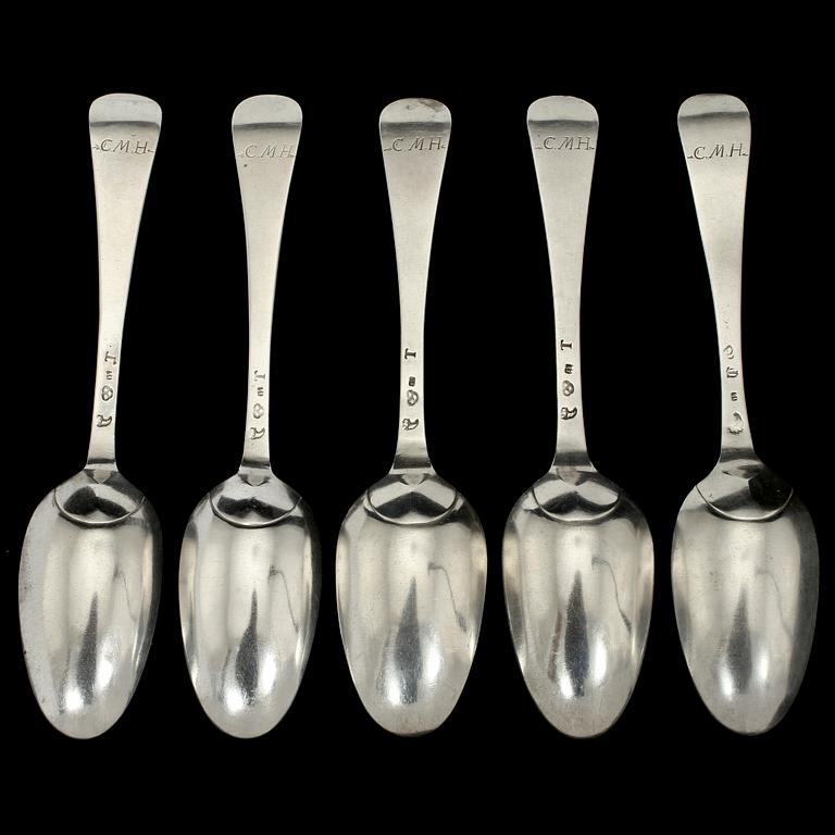 SKEDAR, 5 st, silver, Johan Schröder, Landskrona, 1777, vikt 330 g.