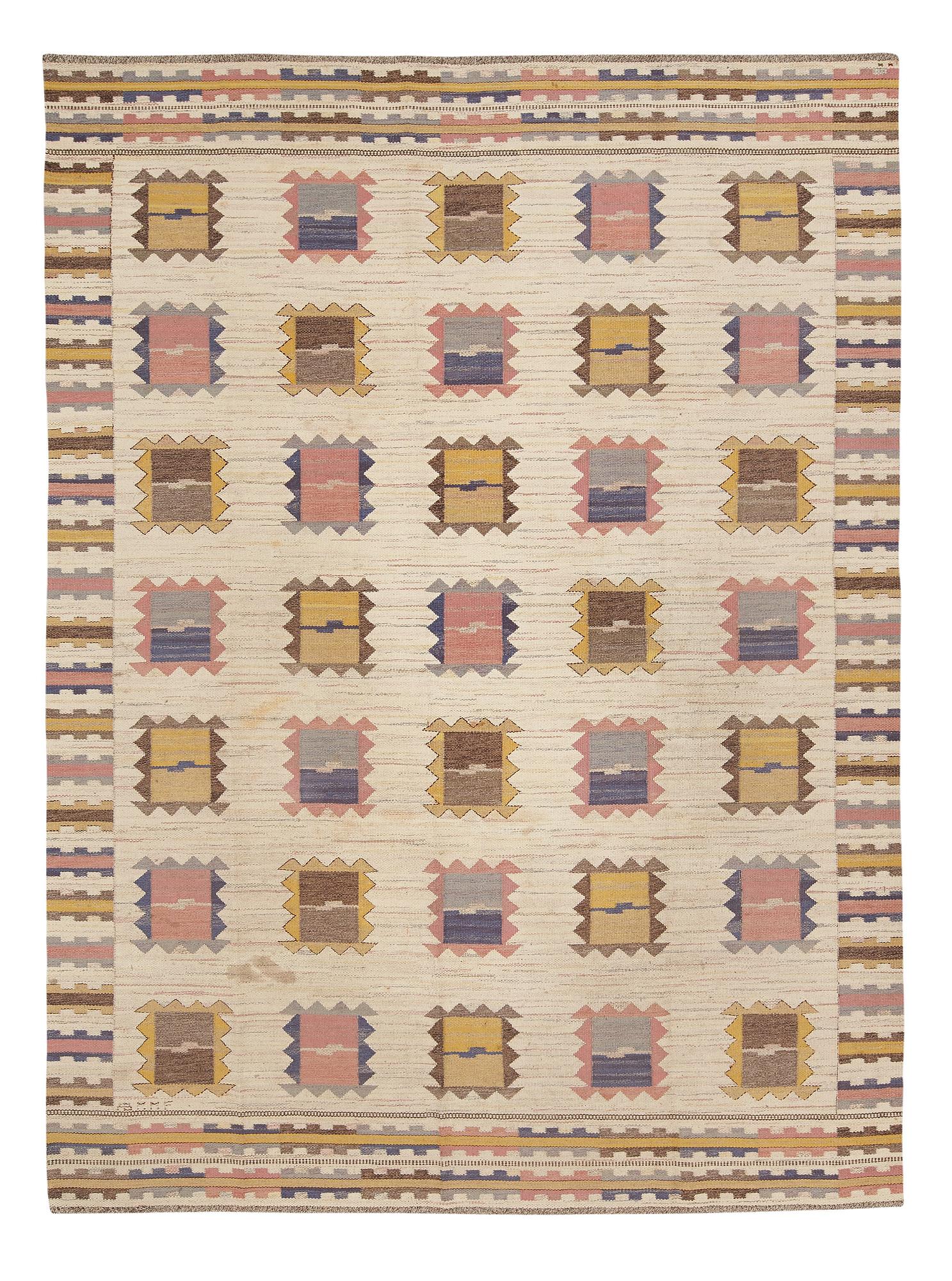Märta Måås-Fjetterström, A CARPET, "Ljusa plador", flat weave, ca 344,5 x 254,5 cm, signed AB MMF.
