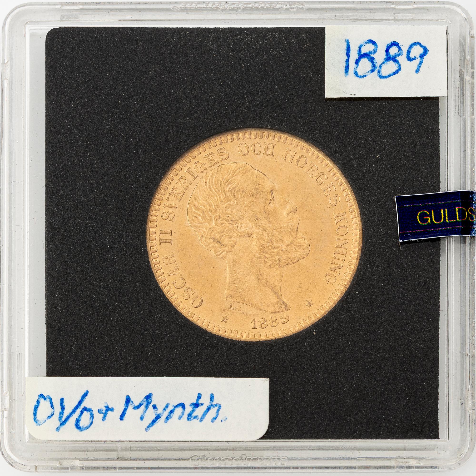 Gold coin, Oscar II, 20 kronor, type III, Sweden 1889.