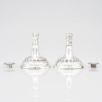 A pair of Swedish silver candlesticks, marks of Sigismund Novisadi the younger, Karlskrona 1780.