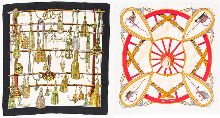 Hermès, two silk scarves, 'Passementerie' and 'Moyeux'.