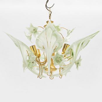 A glass and brass ceiling lamp, possibly Murano, Italy, 1970's/80's.