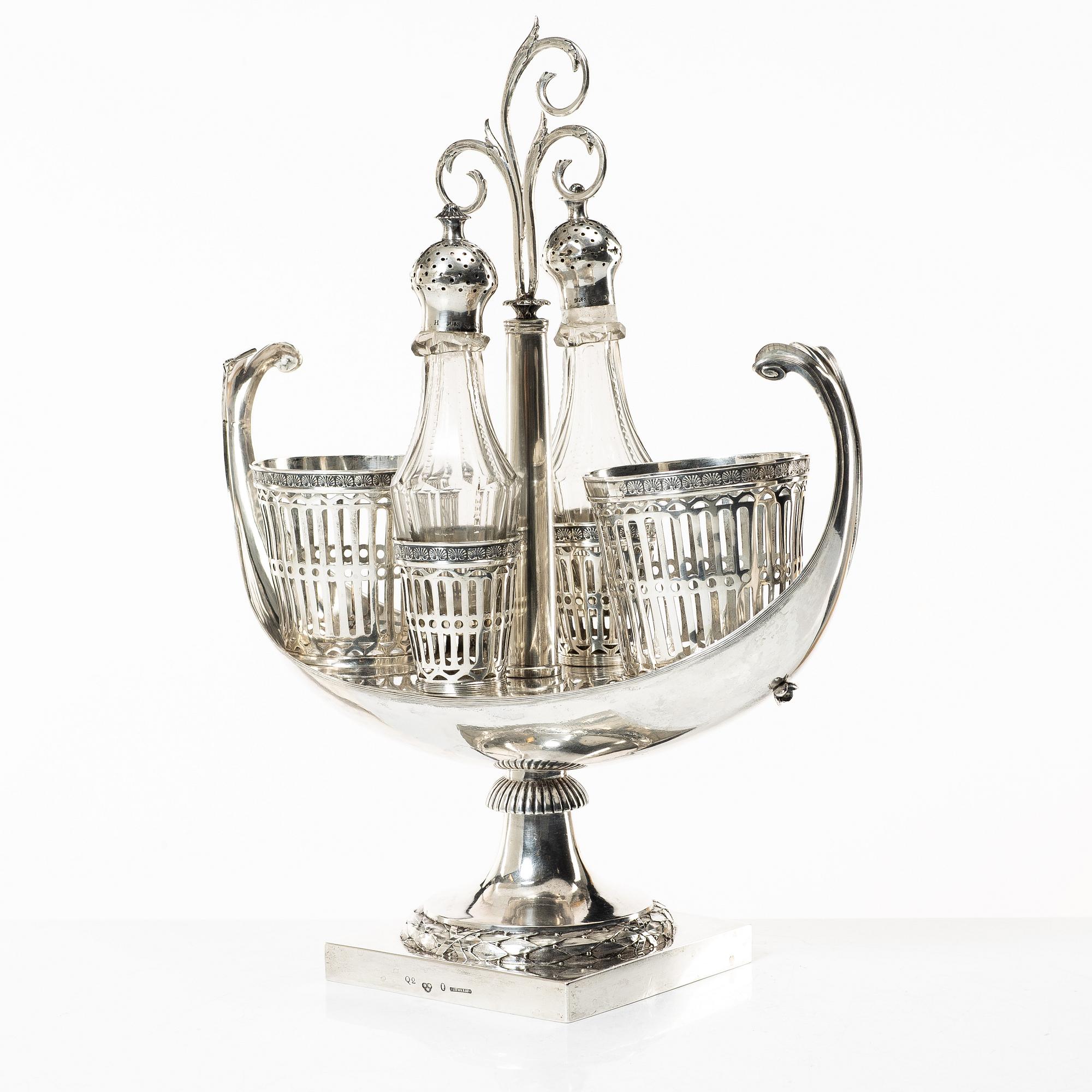 A Swedish late Gustavian silver and glass cruet-set, mark of Pehr Zethelius, Stockholm 1798.