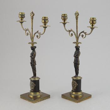 A pair of brass Empire style candle holders, 20th century.