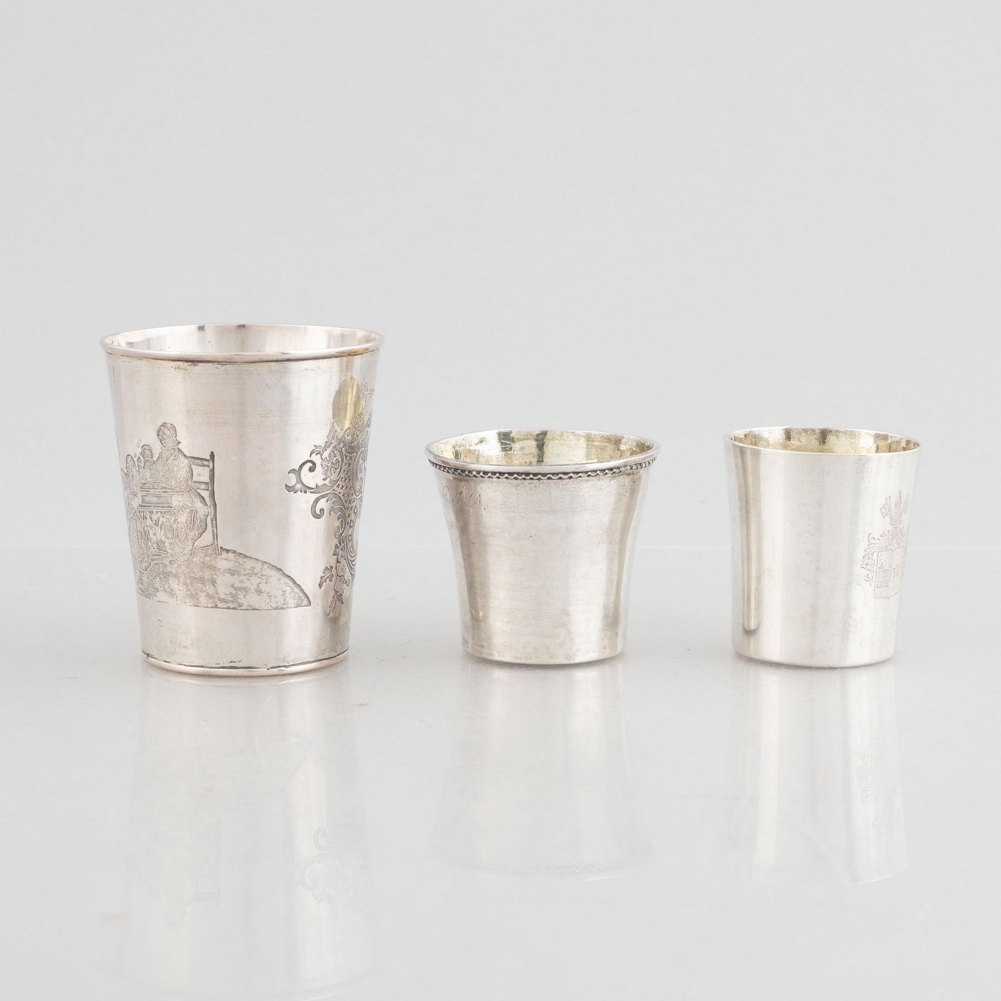 Bägare/supkoppar, 3 st, silver, bl a Johan Abraham Hallard, Stockholm 1807.